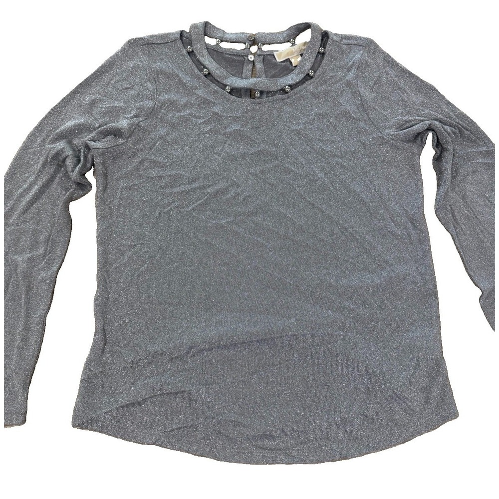 MICHAEL Michael Kors Silver Metallic Sparkle Knit Top L Beaded Cutout Neck
